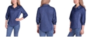 NY Collection Women's 3/4 Sleeve Denim Blouse with Knit Insets